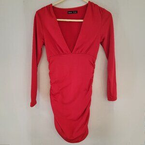 NWOT Shein Red Long Sleeve V-neck Bodycon Dress Small
